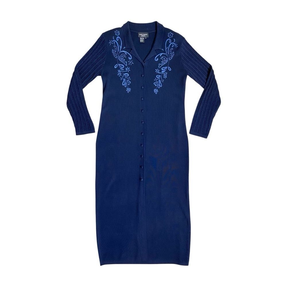 VTG Floral Embroidered Crochet Long Sleeve Button Front Blue Sweater Knit Dress